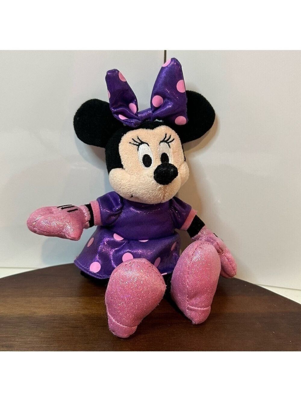 Ty Disney Minnie Mouse Purple Polka Dot Dress Sparkle Plush Stuffed Toy 8 Inch